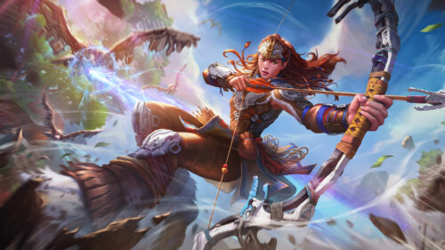 Aloy in Mid-Action Combat Horizon Forbidden West Desktop Wallpaper