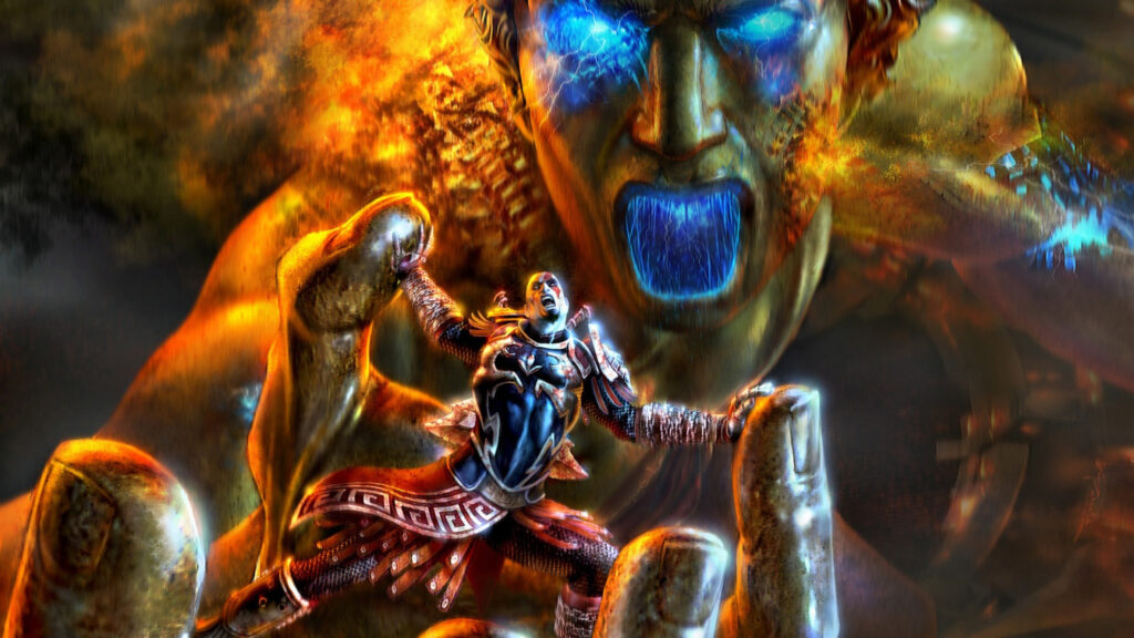 Kratos Facing a Colossal Statue 4K Wallpaper