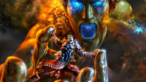 Kratos Facing a Colossal Statue 4K Wallpaper