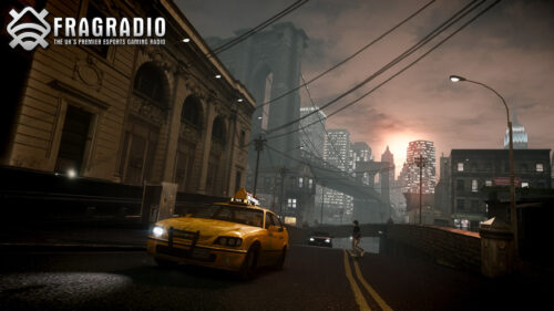 Liberty City Street Scene with Taxi at Sunset Desktop Wallpaper