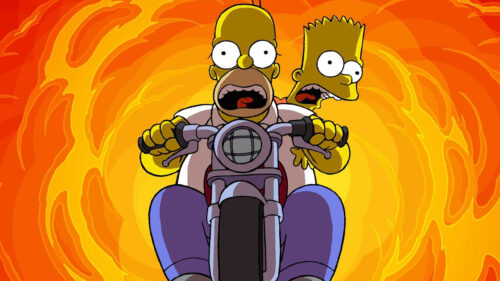 Homer and Bart Simpson Riding a Motorcycle Desktop Wallpaper