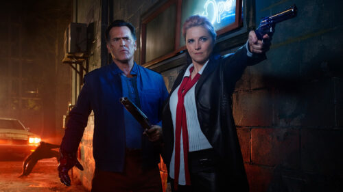 Ash vs Evil Dead Stars Bruce Campbell and Lucy Lawless Desktop Wallpaper