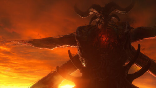 Demon Lord Silhouette against Fiery Sky Desktop Wallpaper