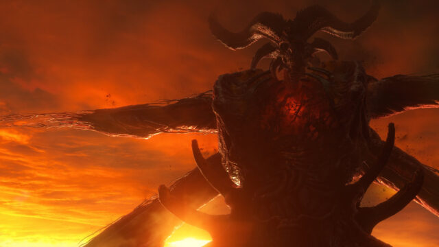 Demon Lord Silhouette against Fiery Sky Desktop Wallpaper
