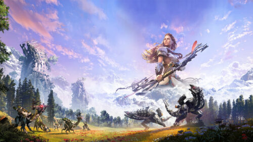 Aloy Standing Over a Mechanical Wilderness 4K Wallpaper