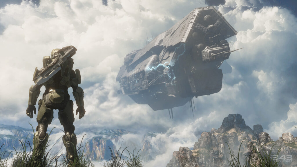 Master Chief Standing Before Crashed Frigate 4K Desktop Wallpaper