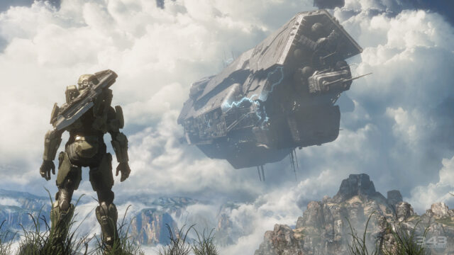Master Chief Standing Before Crashed Frigate 4K Desktop Wallpaper