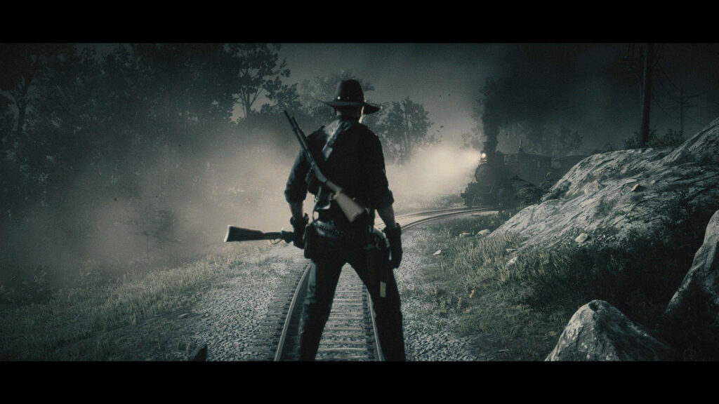Red Dead Redemption 2 Silhouette on Railroad Tracks Desktop Wallpaper