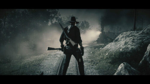 Red Dead Redemption 2 Silhouette on Railroad Tracks Desktop Wallpaper
