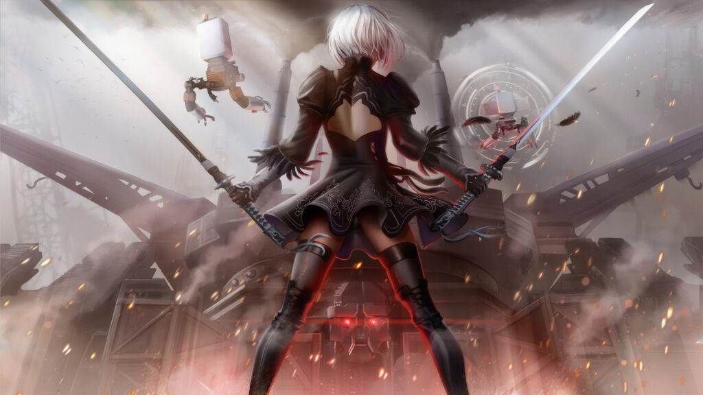 2B Standing with Dual Katanas and Pods Desktop Wallpaper