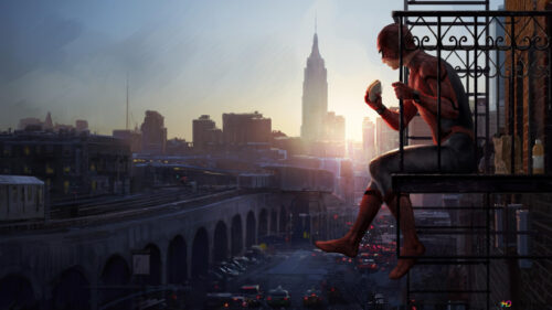 Spider-Man Eating on a Fire Escape 4K Desktop Wallpaper