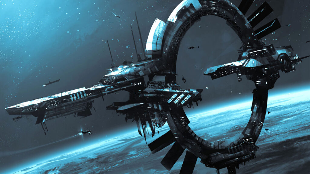 Futuristic Space Station Orbiting Planet Desktop Wallpaper