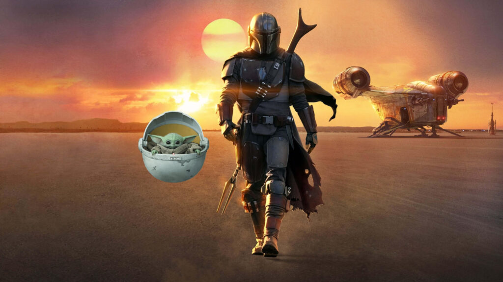 The Mandalorian and Grogu Walking on Tatooine Desktop Wallpaper