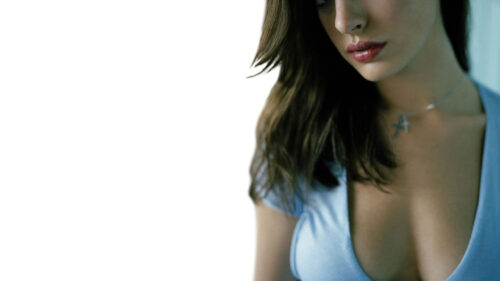 Elegant Woman in Blue Shirt Close-up Desktop Wallpaper