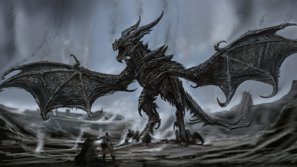 Dark Fantasy Warrior Facing A Monstrous Dragon Desktop Wallpaper