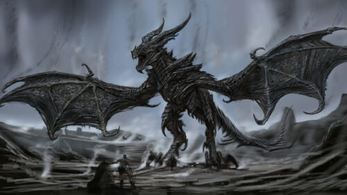 Dark Fantasy Warrior Facing A Monstrous Dragon Desktop Wallpaper