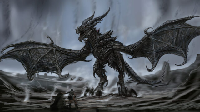 Dark Fantasy Warrior Facing A Monstrous Dragon Desktop Wallpaper