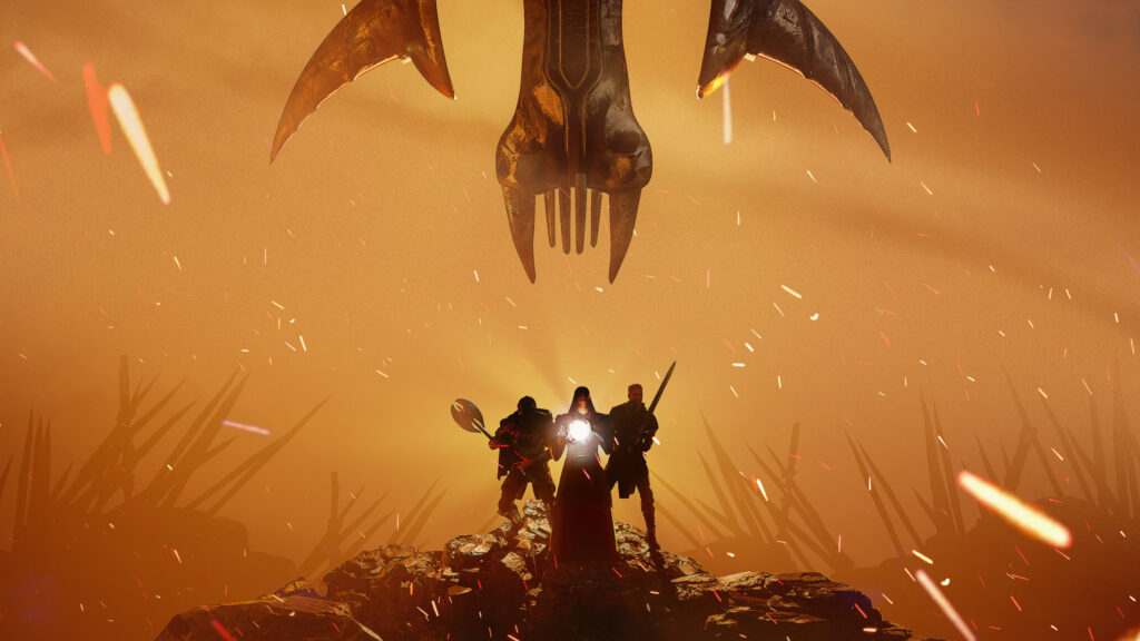 Fantasy Warriors Standing Before a Dark Monolith Desktop Wallpaper