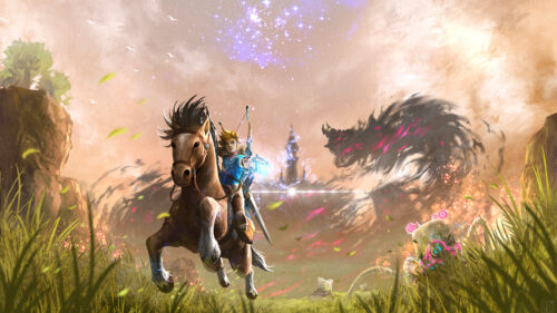 Link Riding Horse in Hyrule Field Desktop Wallpaper