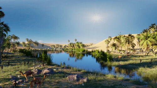 Oasis Landscape with Camels and Dunes Desktop Wallpaper