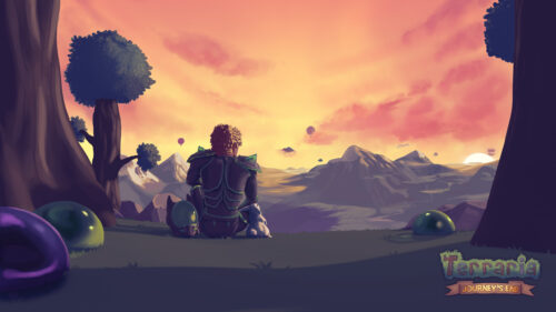 Terraria Journey’s End Character Sitting at Sunset Desktop Wallpaper