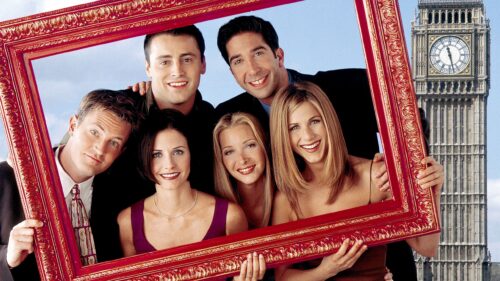Friends Cast Behind Iconic Peephole Frame Desktop Wallpaper