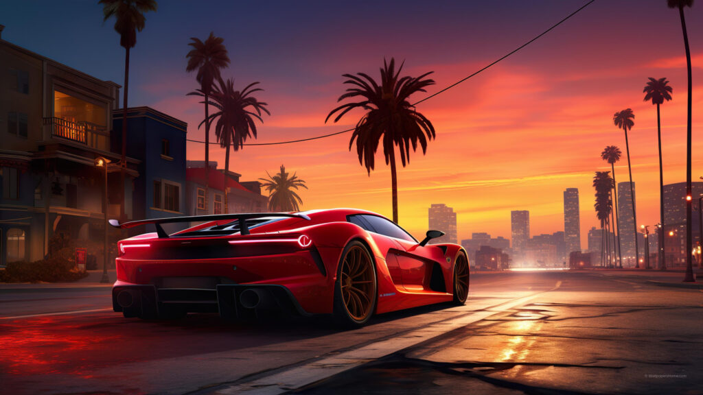 Red Sports Car Sunset Street Desktop Wallpaper