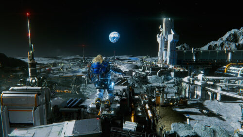 Astronaut Exploring Moon Base Desktop Wallpaper