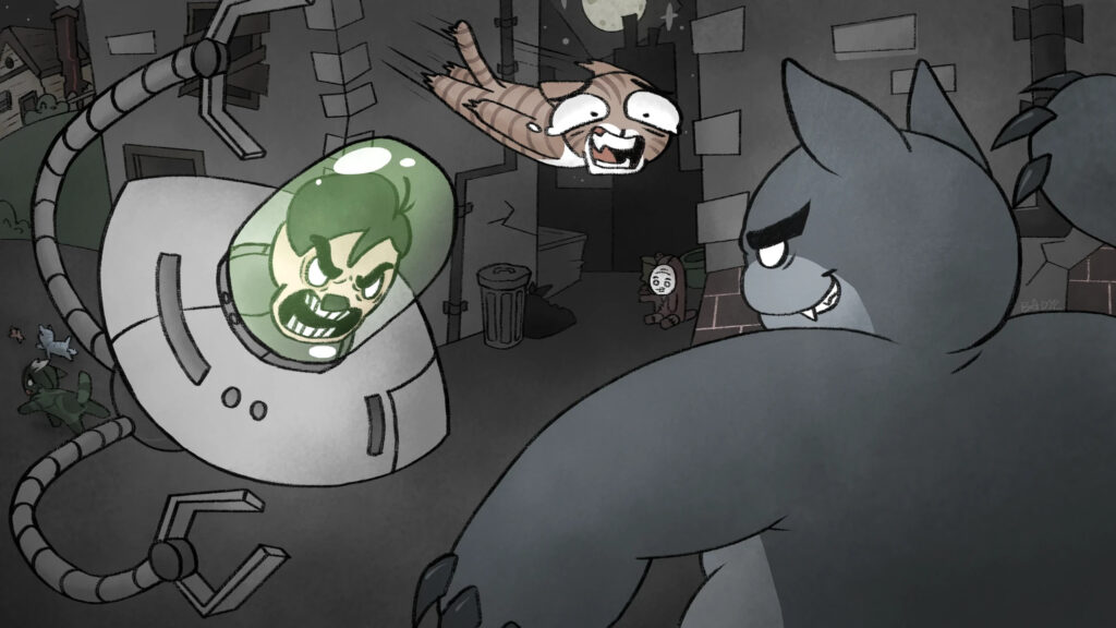 Cartoon Cat Battle Scene Desktop Wallpaper