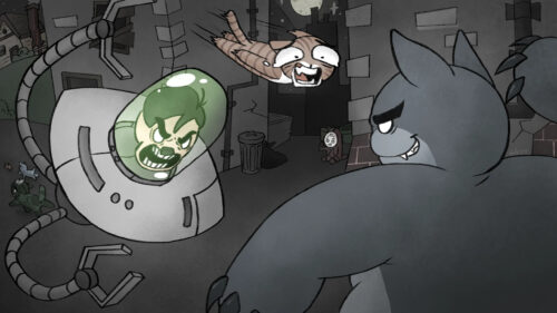 Cartoon Cat Battle Scene Desktop Wallpaper