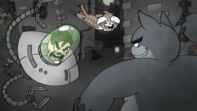 Cartoon Cat Battle Scene Desktop Wallpaper