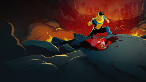 Invincible Mark Grayson and Omni-Man Battle Scene Desktop Wallpaper