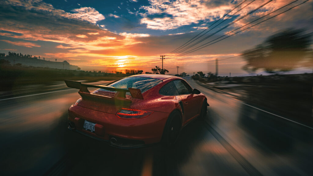 Red Porsche 911 GT3 RS Sunset Driving Desktop Wallpaper