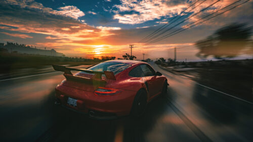 Red Porsche 911 GT3 RS Sunset Driving Desktop Wallpaper