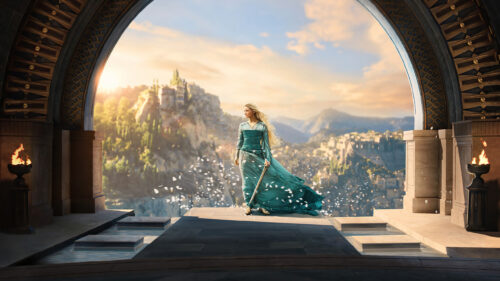Elven Warrior Princess Standing by Ancient Archway Desktop Wallpaper