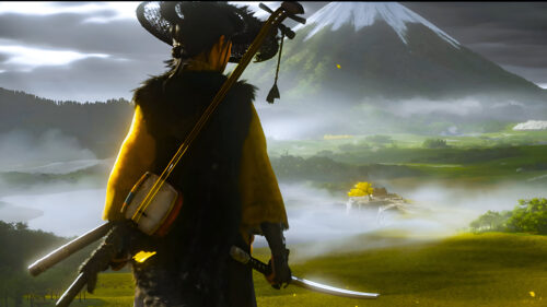 Atmospheric Samurai Warrior Standing Before Mt Fuji Desktop Wallpaper