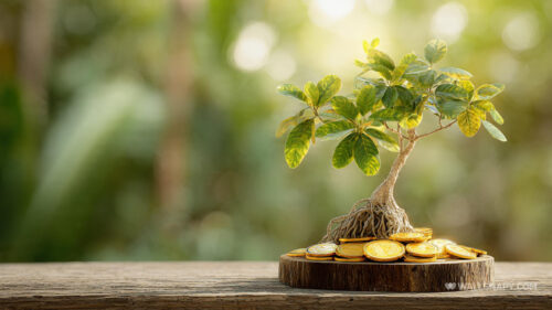Bonsai Tree Growing From a Pile of Golden Coins Desktop Wallpaper