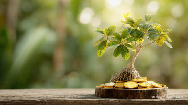 Bonsai Tree Growing From a Pile of Golden Coins Desktop Wallpaper