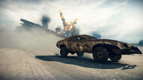 Post-Apocalyptic Car Driving Through Explosion Desktop Wallpaper