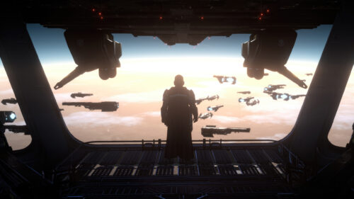 Sci-Fi Soldier Overlooking Fleet Desktop Wallpaper