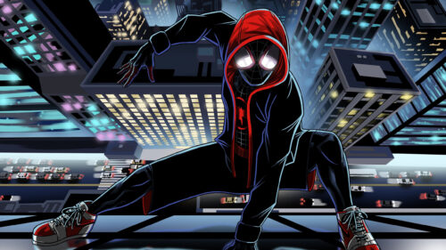 Miles Morales Spider-Man Crouching in New York City Desktop Wallpaper