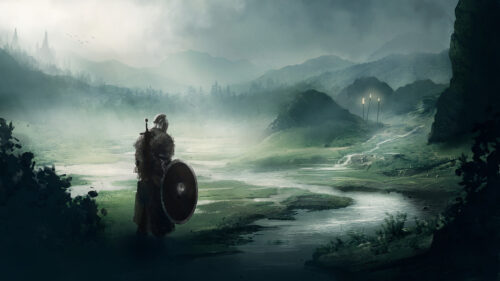Lonely Knight in Misty Valley Fantasy Desktop Wallpaper