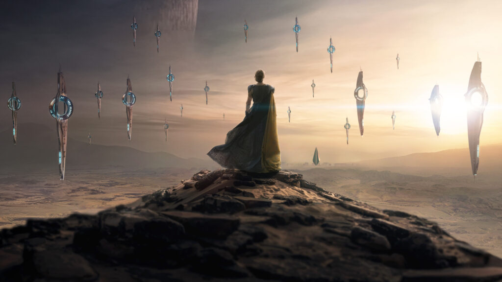 Sci-Fi Desert Princess Standing Before Floating Ships Desktop Wallpaper