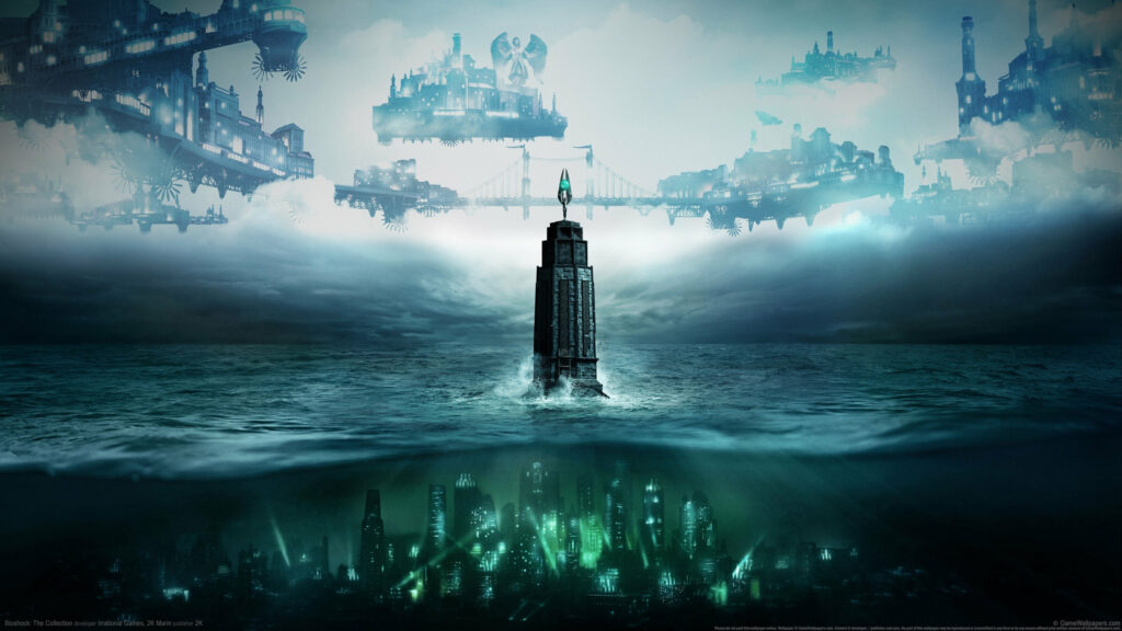 Surreal Duality of Underwater and Sky Cities Desktop Wallpaper