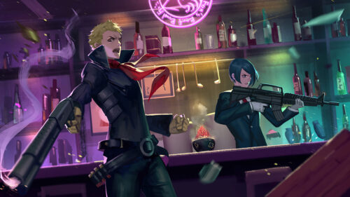 Action-Packed Anime Bar Gunfight Desktop Wallpaper