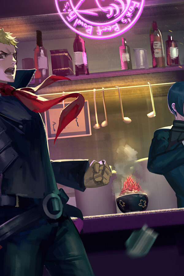 Action-Packed Anime Bar Gunfight Desktop Wallpaper