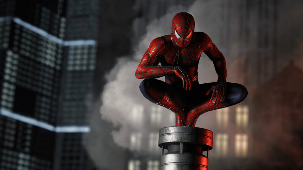 Spider-Man Crouching on a Rooftop Vent Desktop Wallpaper