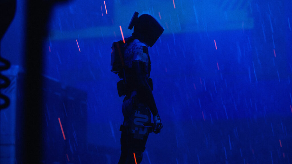 Cyberpunk Futuristic Soldier Standing in Rain Desktop Wallpaper