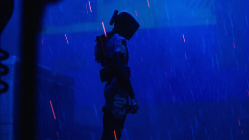 Cyberpunk Futuristic Soldier Standing in Rain Desktop Wallpaper