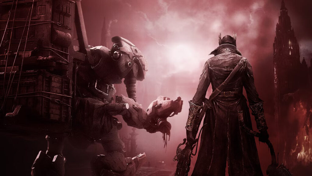 Mech and Hunter Confrontation Desktop Wallpaper